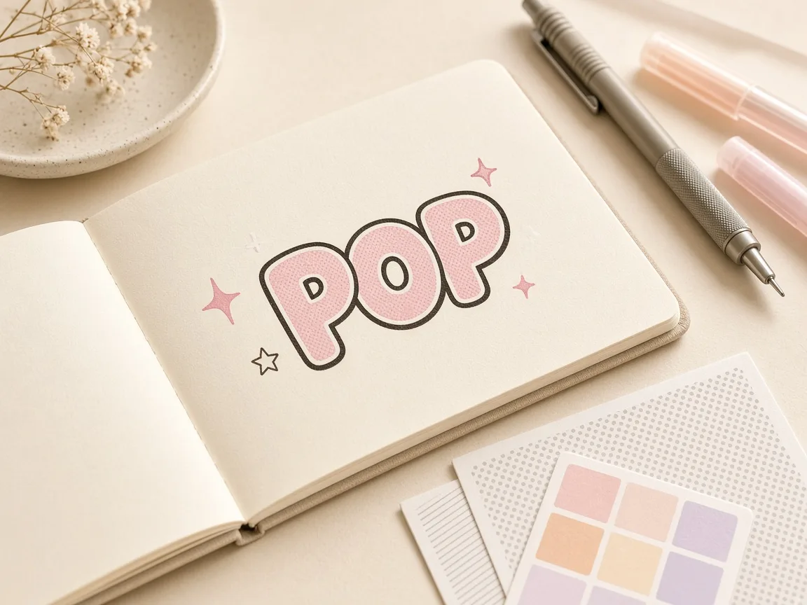 An open sketchbook with bubbly pink POP lettering and star doodles, beside a mechanical pencil and screentone sheets
