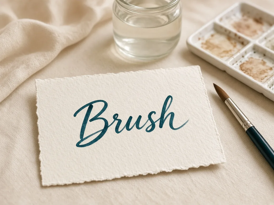 The word Brush painted in teal brush script on a watercolor card beside a paintbrush, water jar and palette