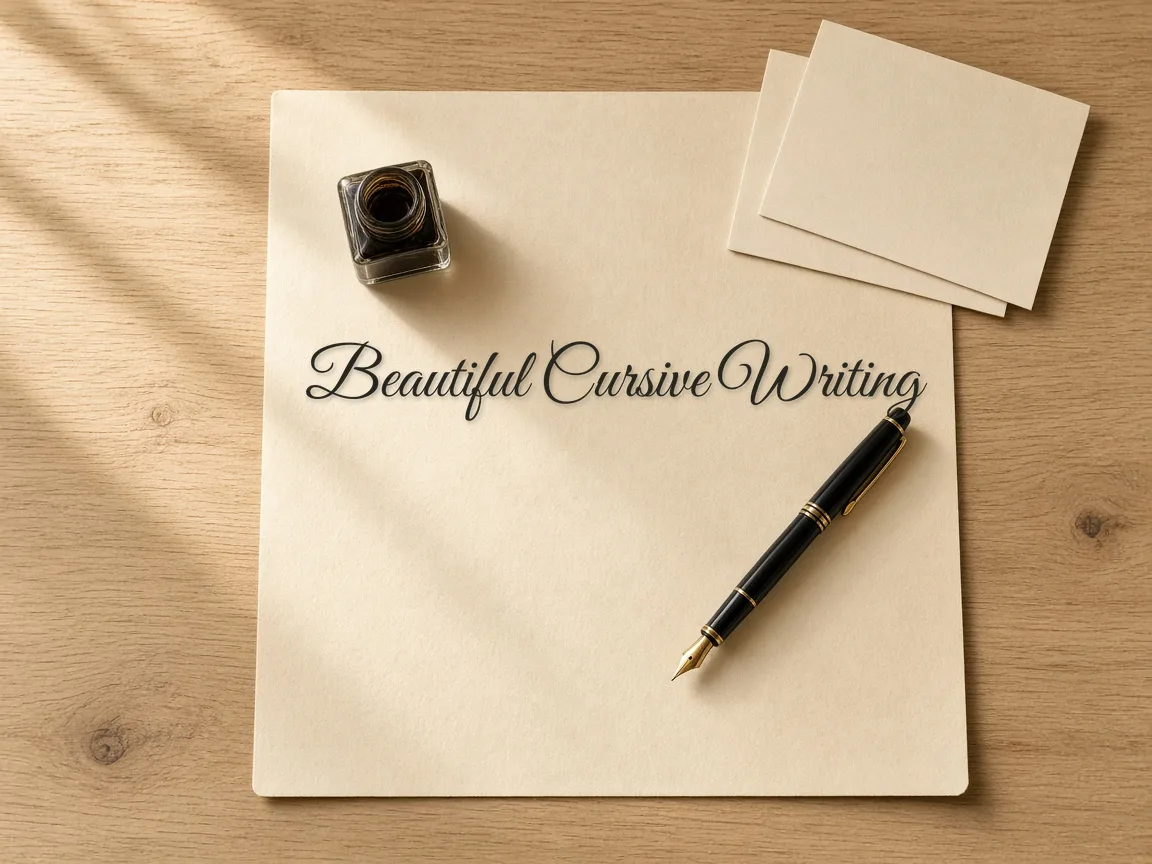 Cream paper on a desk with 'Beautiful Cursive Writing' rendered in the Great Vibes font, next to a fountain pen and ink bottle