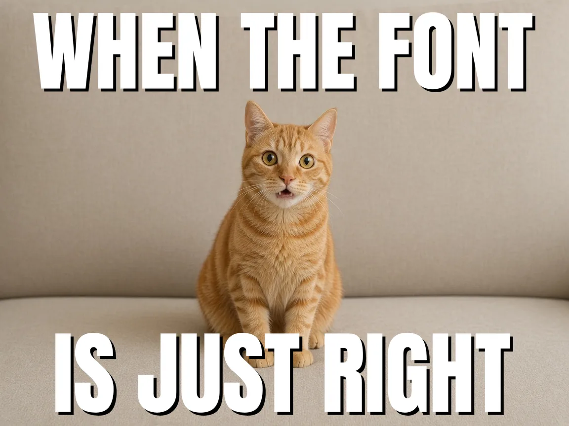 Classic meme captions 'When the font is just right' in white Impact-style text over a surprised cat
