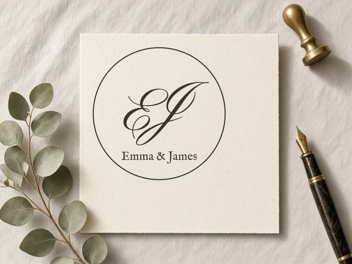 A circle-framed EJ monogram made with the Cursive Generator monogram generator on an ivory card beside eucalyptus, a wax seal stamp and a fountain pen
