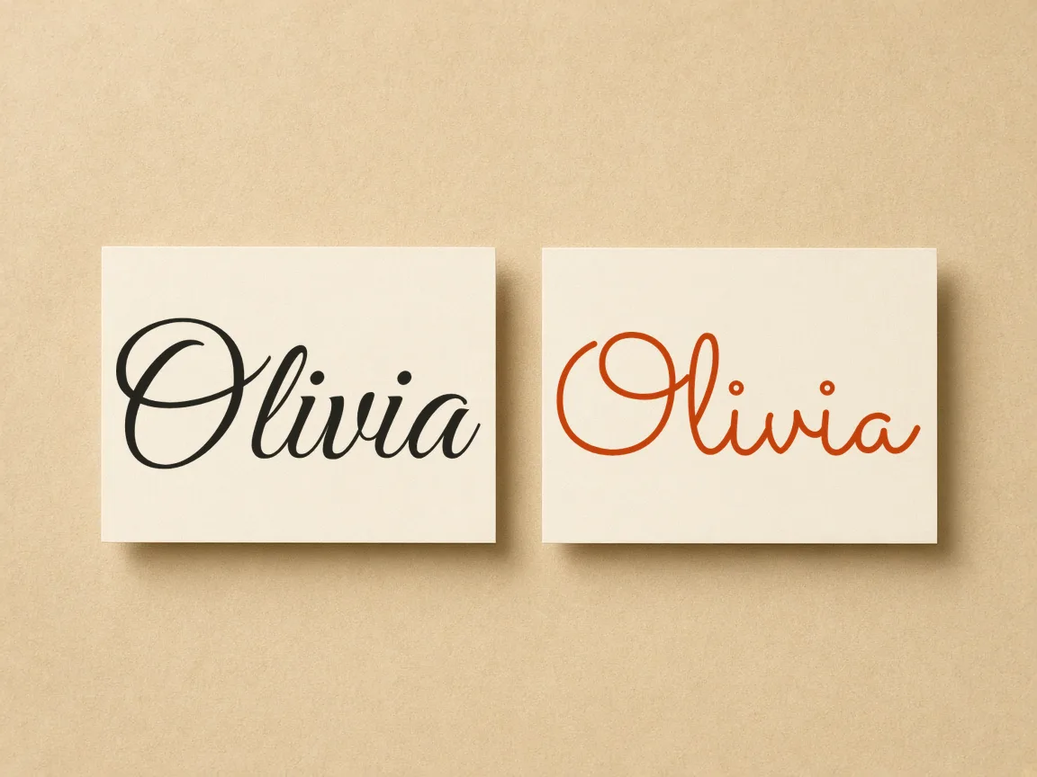 The name Olivia in Great Vibes and Sacramento cursive on two cream cards