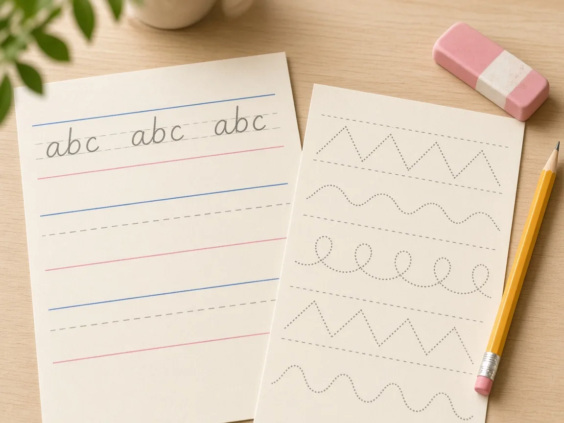 A print handwriting worksheet with abc on four-line rows and a tracing lines sheet with zigzags, waves and loops