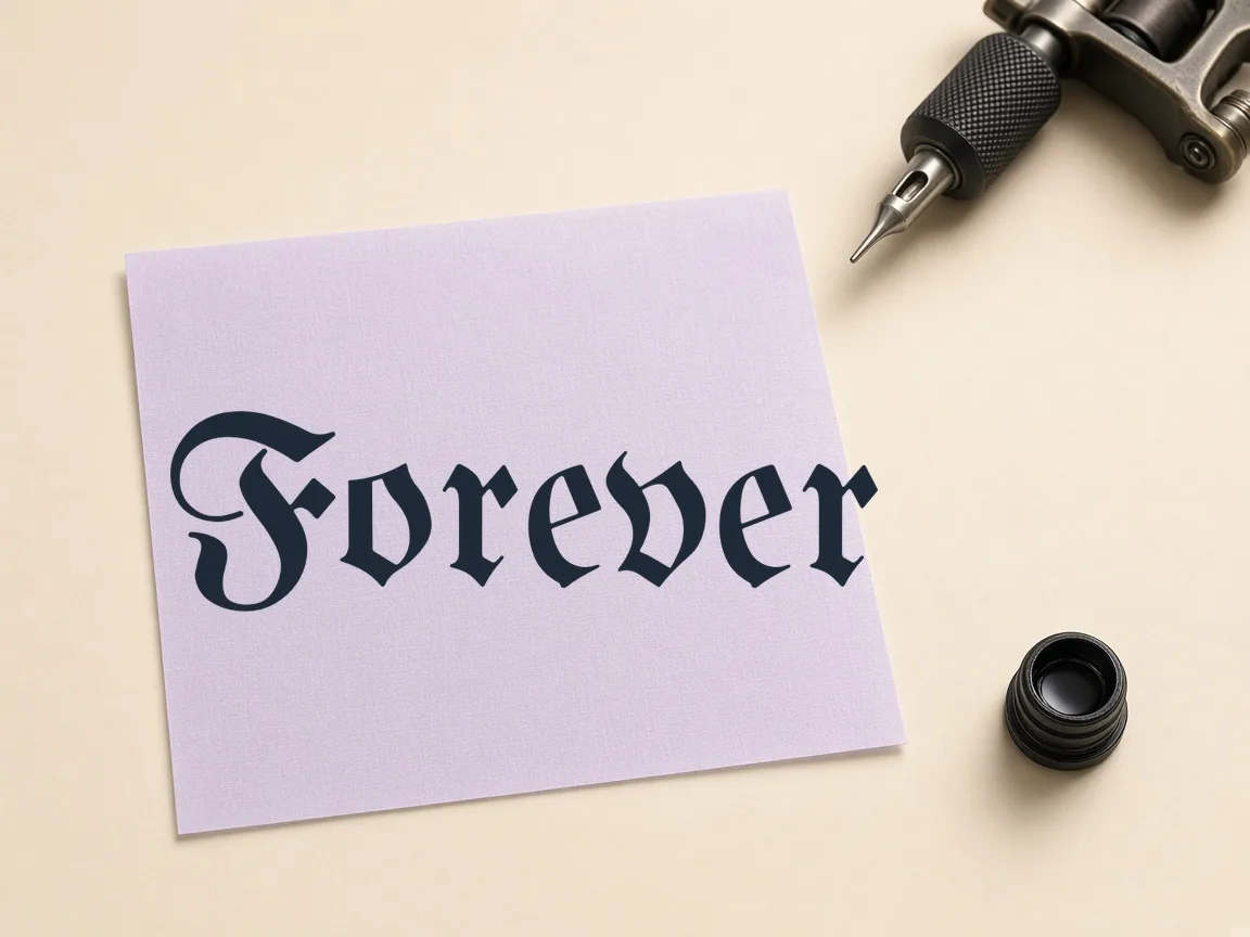'Forever' in UnifrakturMaguntia lettering on tattoo stencil paper next to a tattoo machine