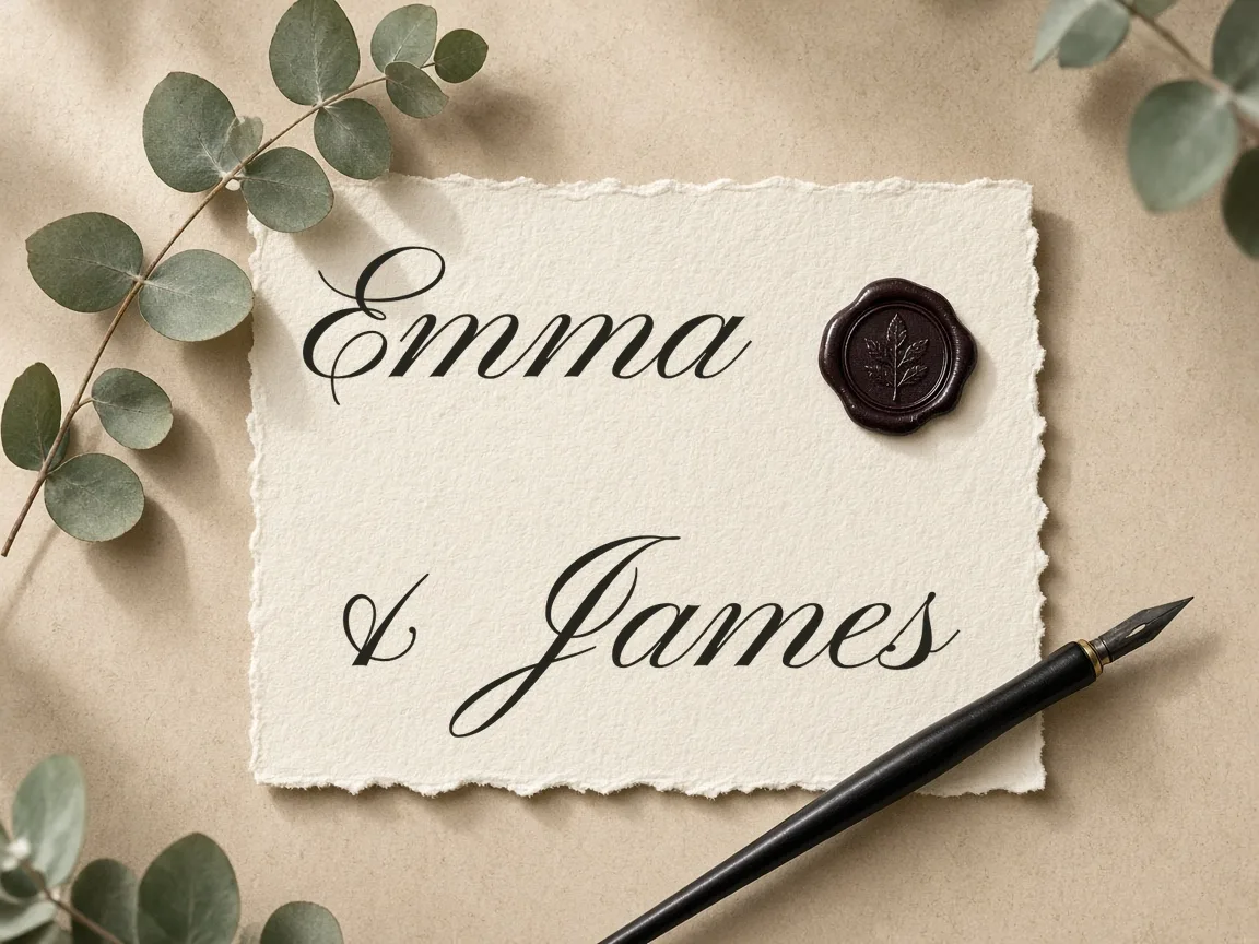 'Emma & James' in Pinyon Script on an ivory invitation card with wax seal and eucalyptus