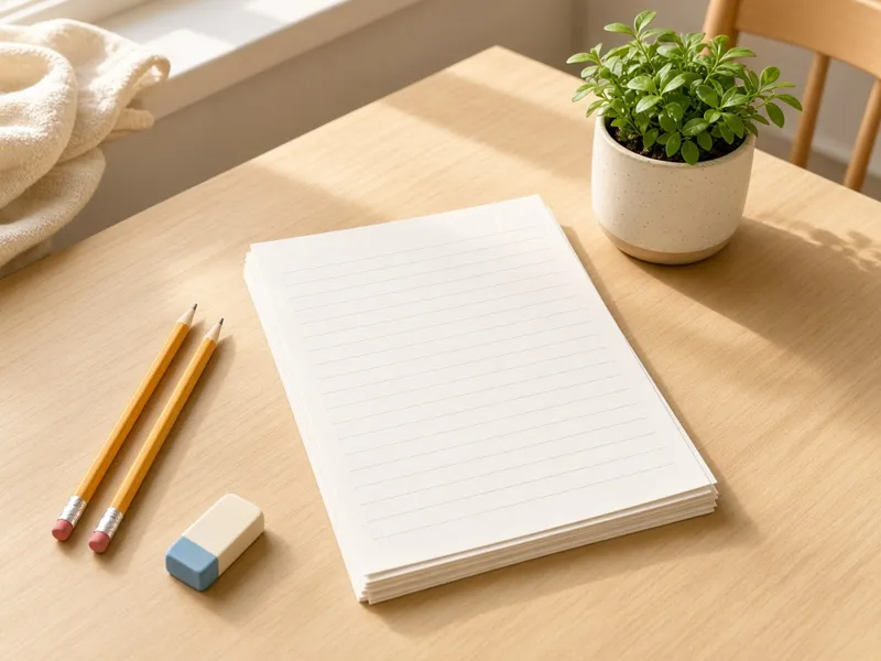 Lined practice paper with pencils on a classroom desk