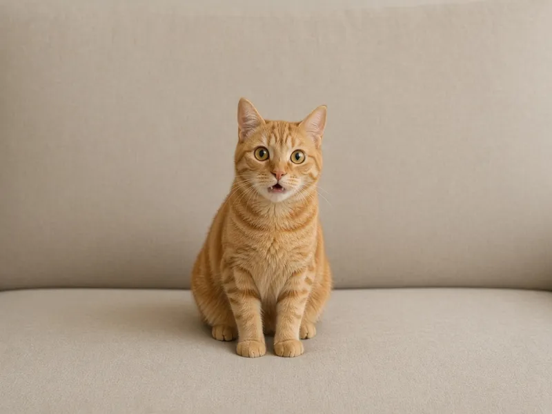 Surprised orange cat on a beige sofa