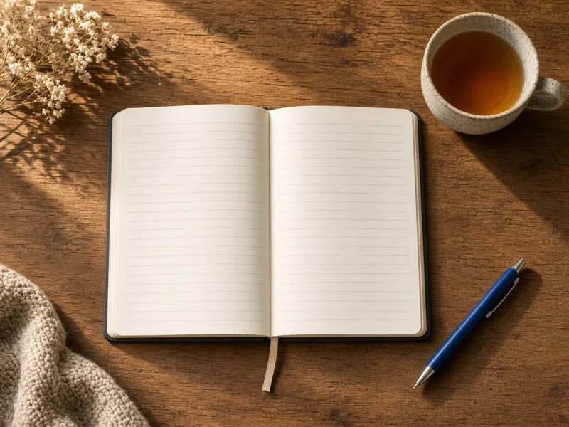 Open lined notebook with tea and a blue pen