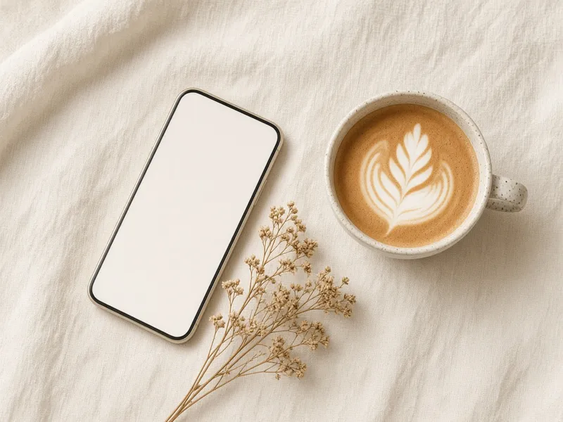 Smartphone on a linen surface next to a latte