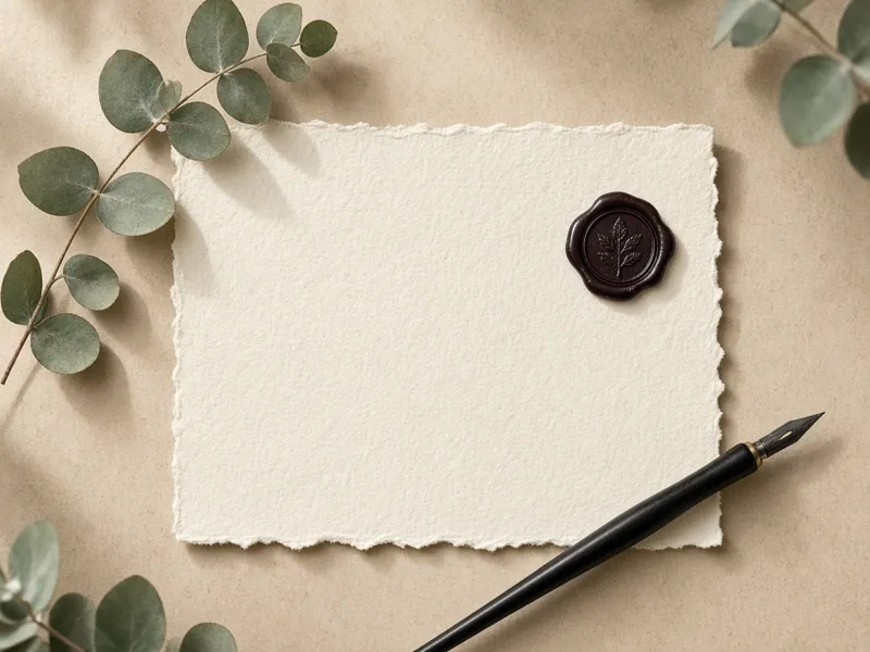 Ivory wedding invitation card with wax seal and dip pen